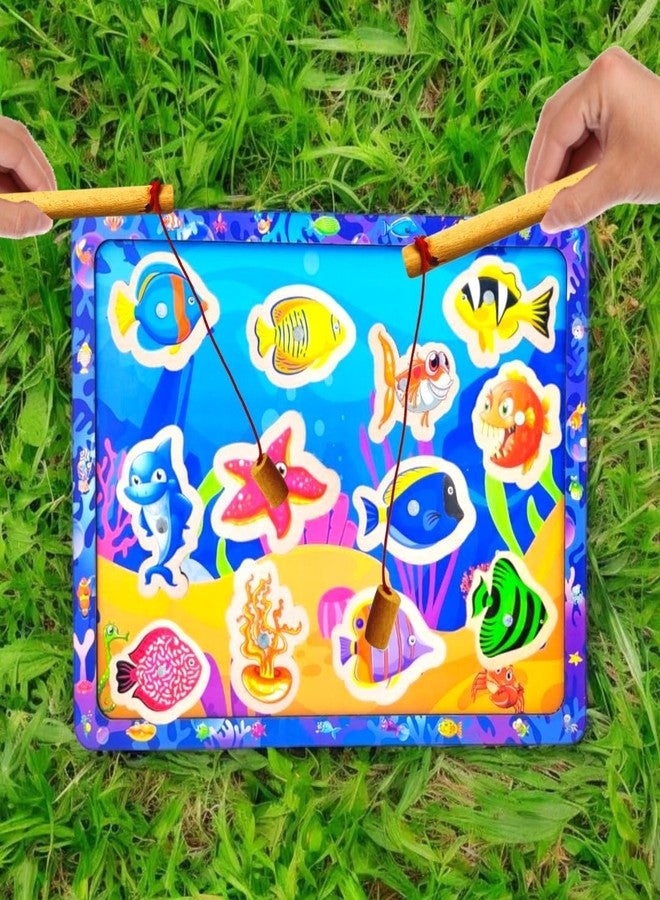 PLUSPOINT 15 Pieces Wooden Magnetic Fishing Game for Kids 12 Fishes 2 Stick 1 Pool Tray Magnet Fish Game Wooden Magnetic Fishing Toys for Kindergarten Preschool Kids Girl Boy (Fish Tray) - Image 2